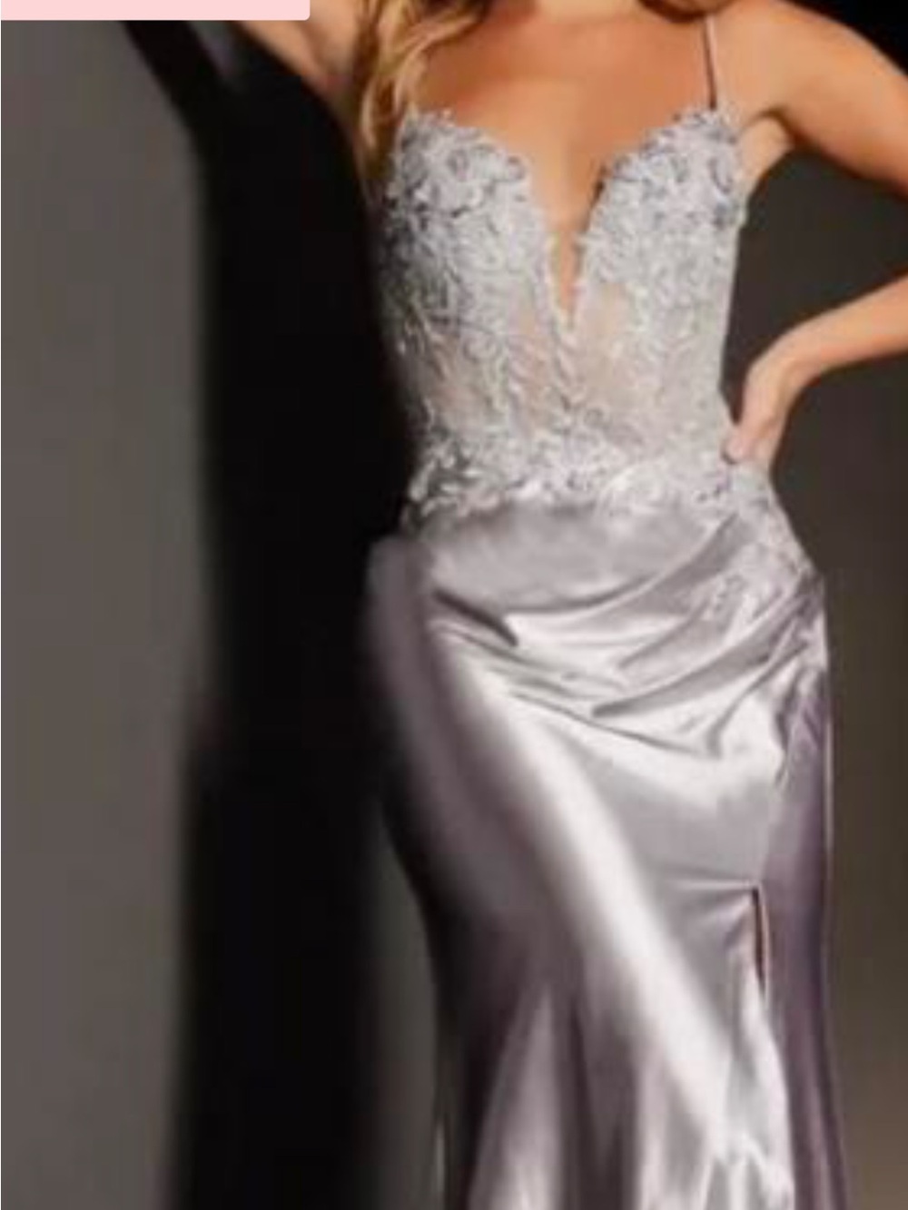 JVN by Jovani Silver Lace Appliqué Satin Gown